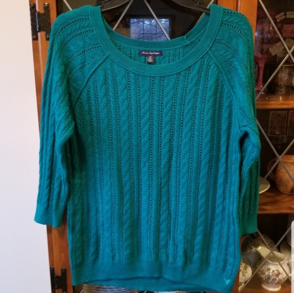 NWOT- Teal Loose Knit 3/4 Sleeve AEO Sweater - Picture 1 of 4